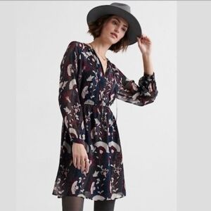 Lucky Brand Chiffon Long Sleeve Botanical Purple Blue Cream Dress Necktie Floral